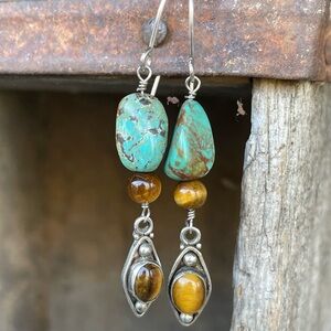 Turquoise and Tiger Eye Dangle Drop Earrings Sterling Silver